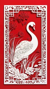 中式剪纸风仙鹤花卉图