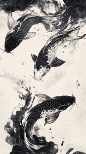 水墨锦鲤跃动之姿
