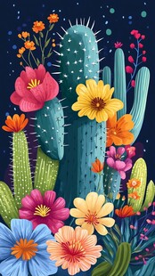梦幻多彩仙人掌花卉插画