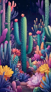 梦幻多彩仙人掌夜间景观