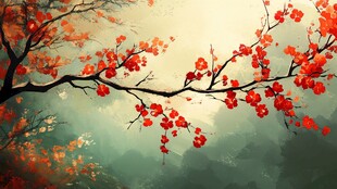 红梅绽枝 水墨诗意之景