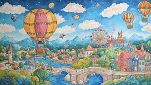 梦幻热气球小镇童话图景