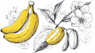 手绘香蕉柠檬与花卉图