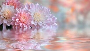 粉色花卉倒映水面美景