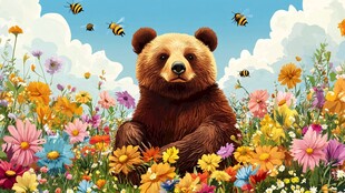 熊坐花丛间 蜜蜂伴左右