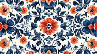 蓝橙花卉图案精美装饰