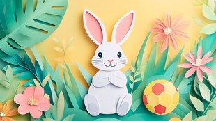 可爱白兔置身缤纷花草间