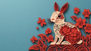 剪纸风繁花装饰可爱兔子