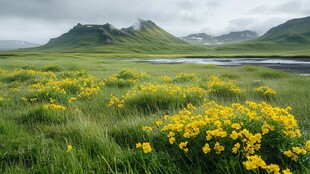 草原黄花伴远山美景