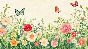 春日烂漫花卉蝴蝶插画