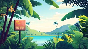 热带丛林湖畔探险指示牌