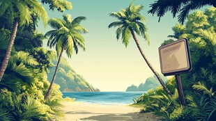 热带海滩旁的空白指示牌