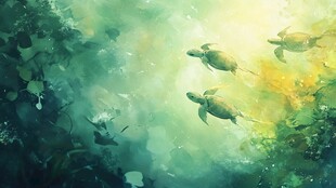 梦幻海底海龟悠游景象
