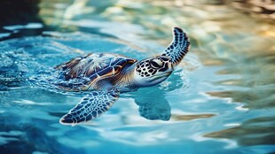 海龟畅游在波光粼粼的水中