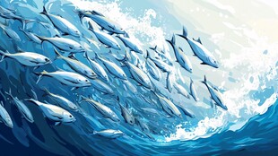 群鱼跃动于海浪之中
