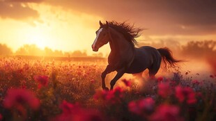 夕阳下骏马驰骋花海