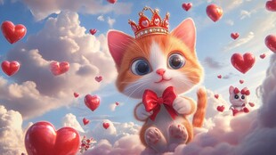 戴皇冠的萌猫遨游爱心云端