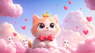 戴皇冠的萌猫在爱心云朵中