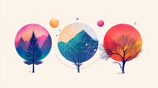 三幅梦幻自然景观圆形插画