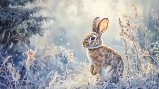 雪地中的可爱野兔