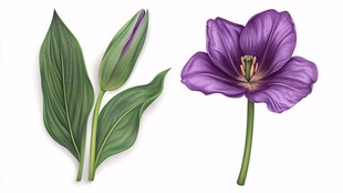 紫色花朵与绿叶插画素材