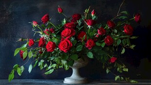 红玫瑰插于古朴花瓶中