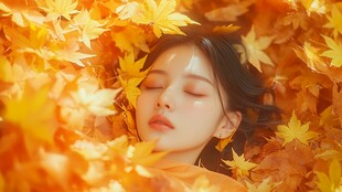 秋枫中沉睡的柔美少女