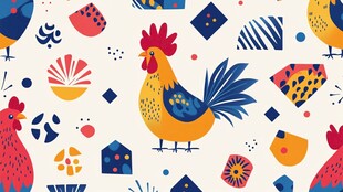 卡通公鸡与几何图案背景