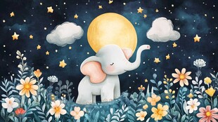 月夜小象漫步花丛中