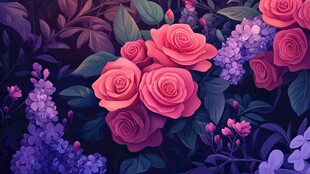 梦幻玫瑰与紫色花卉景致