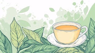 手绘绿茶杯与清新绿叶