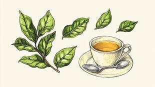 手绘茶饮与嫩绿茶叶图