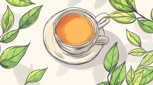 手绘茶杯与绿叶插画