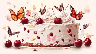 奶油樱桃蛋糕与纷飞蝴蝶