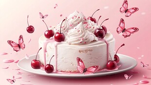 梦幻樱桃奶油蛋糕与蝴蝶