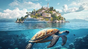海龟悠游于海岛的梦幻景象