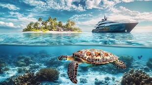 海龟伴游艇的梦幻海岛风光