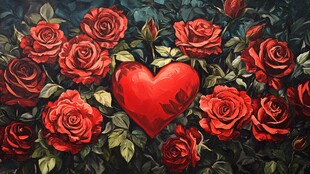 红心拥簇的浪漫红玫瑰