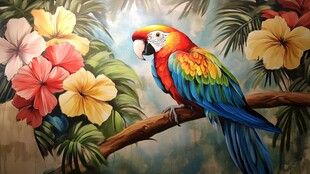 色彩斑斓鹦鹉栖于繁花间