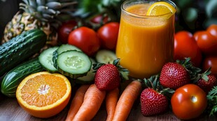 一杯鲜榨果汁与多样蔬果