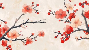 中式水墨风盛开的艳丽梅花