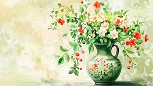 中式花瓶中的缤纷花卉