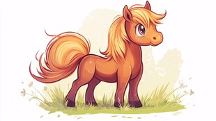 可爱小马站在草地上