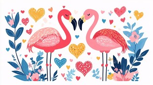 浪漫火烈鸟与爱心花卉图案