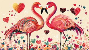 双火烈鸟浪漫爱心插画