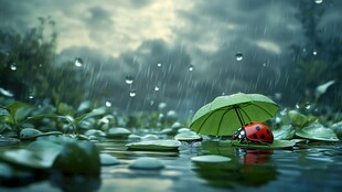 雨中瓢虫撑伞漂浮于水面