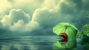 瓢虫撑伞于水面梦幻场景