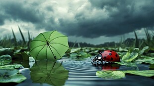 雨中绿伞与瓢虫的静谧画面