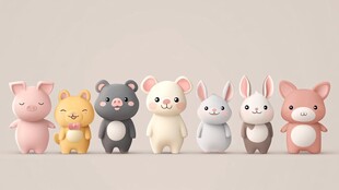 可爱动物玩偶排成一排
