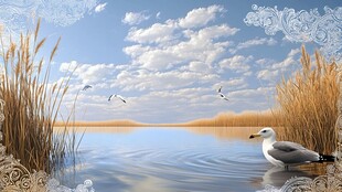 湖畔海鸥栖 芦苇映蓝天